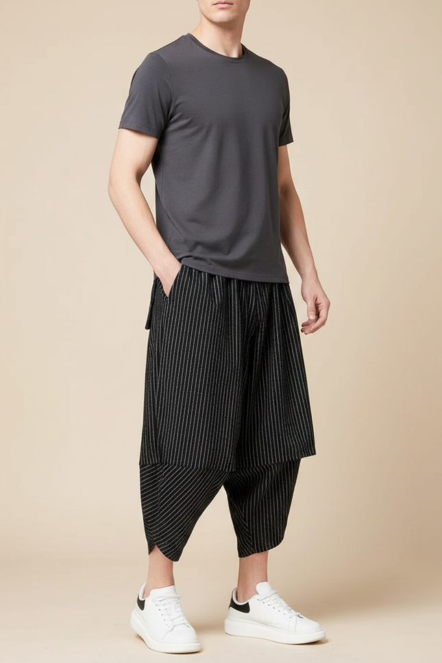 Pantalon Jupe Noir Rayé Ample Décontracté Coton