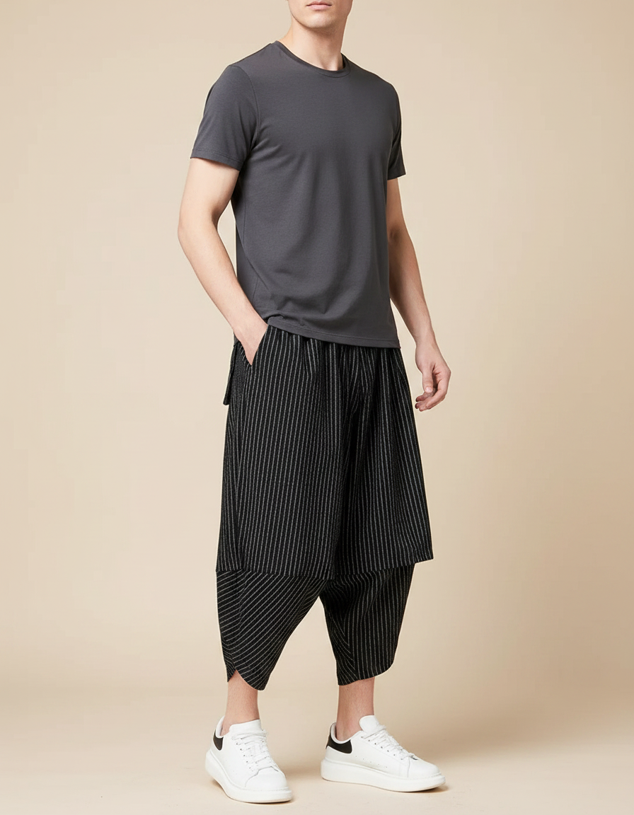 Pantalon Jupe Noir Rayé Ample Décontracté Coton