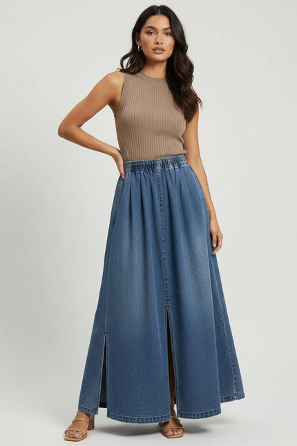Pantalon Jupe Denim Bleu Plissé Fendu Long - Jean