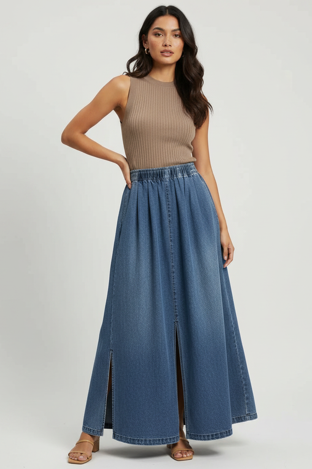 Pantalon Jupe Denim Bleu Plissé Fendu Long - Jean