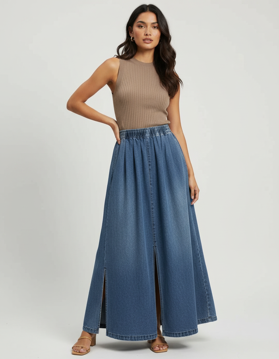 Pantalon Jupe Denim Bleu Plissé Fendu Long - Jean