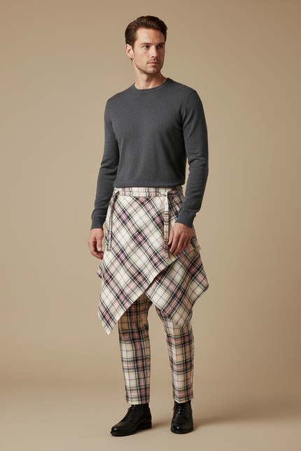 Pantalon Jupe Écossais Asymétrique Plaid Homme Femme - Multicolore Coton