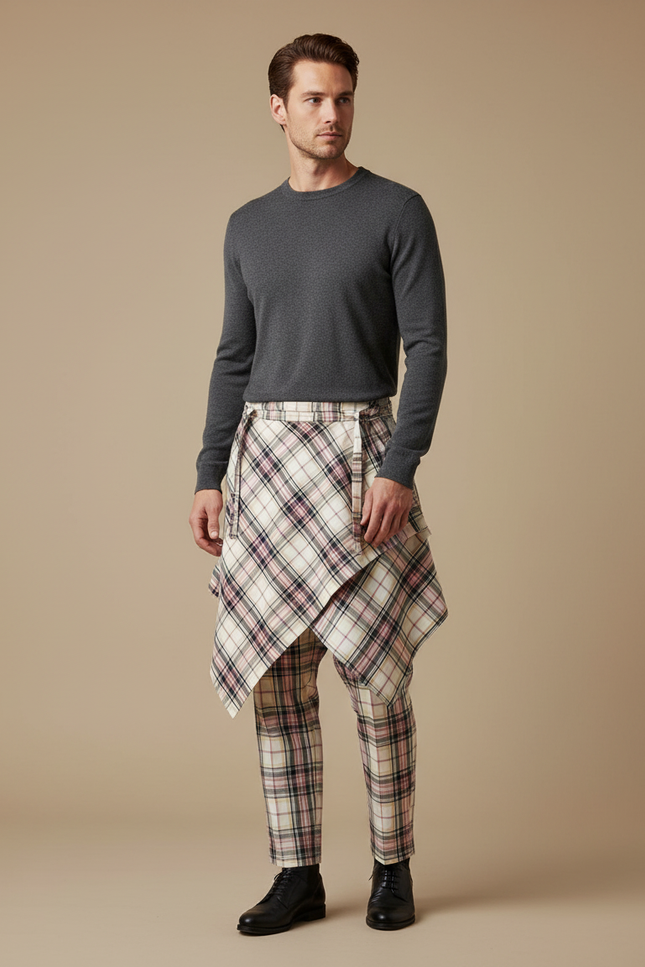 Pantalon Jupe Écossais Asymétrique Plaid Homme Femme - Multicolore Coton