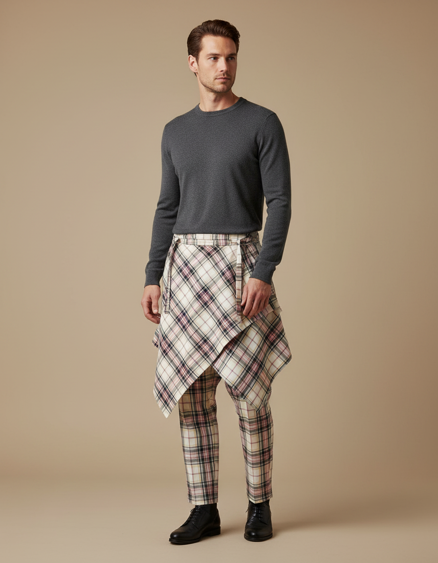 Pantalon Jupe Écossais Asymétrique Plaid Homme Femme - Multicolore Coton