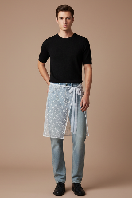 Pantalon Jupe Jean Blanc Brodé Transparent Homme - Bleu