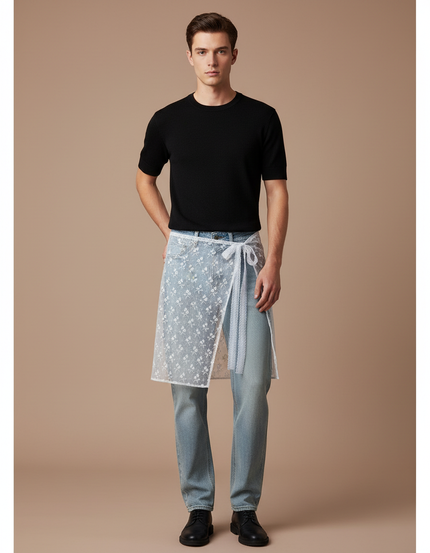 Pantalon Jupe Jean Blanc Brodé Transparent Homme - Bleu
