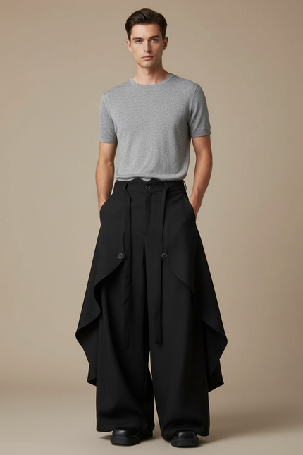 Pantalon Jupe Noir Ample Asymétrique Évasé Fluide - Polyester