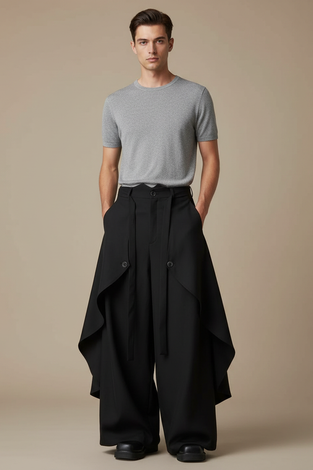 Pantalon Jupe Noir Ample Asymétrique Évasé Fluide - Polyester
