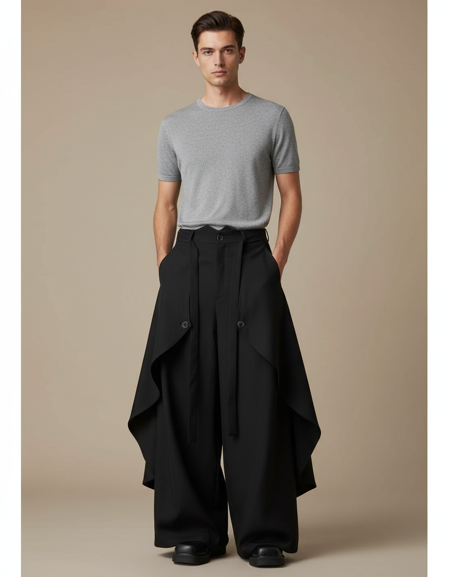 Pantalon Jupe Noir Ample Asymétrique Évasé Fluide - Polyester