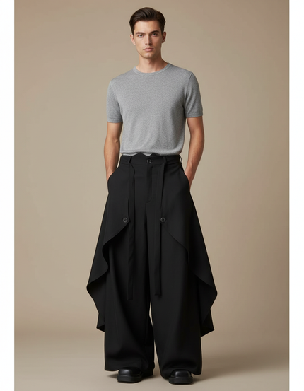 Pantalon Jupe Noir Ample Asymétrique Évasé Fluide - Polyester