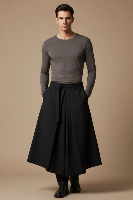 Pantalon Jupe Culotte Long - Noir Gabardine