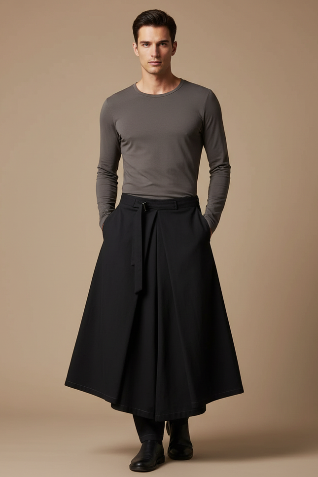 Pantalon Jupe Culotte Long - Noir Gabardine