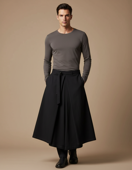 Pantalon Jupe Culotte Long - Noir Gabardine