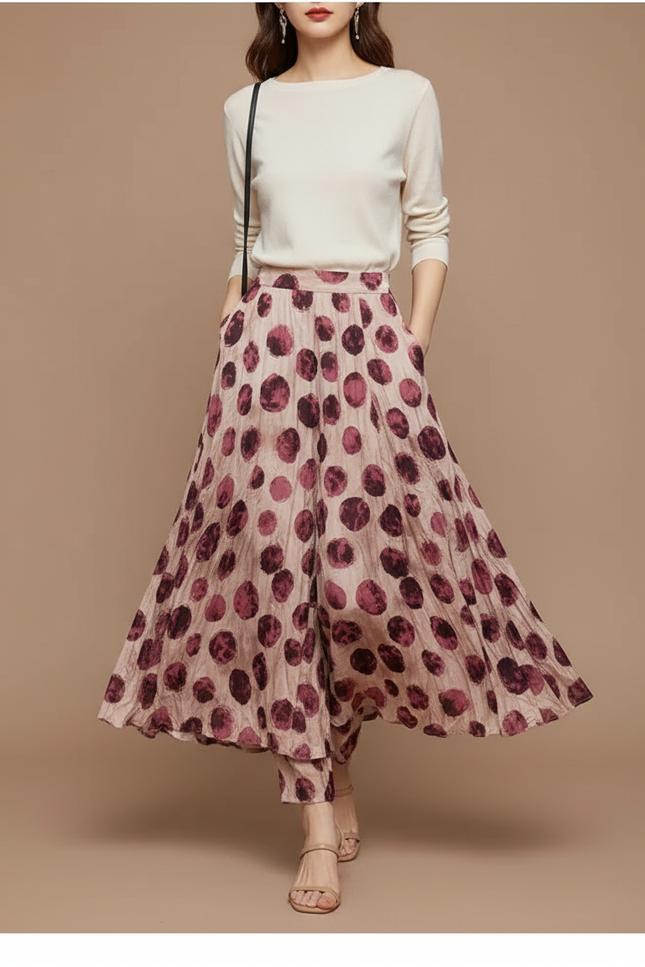Pantalon Jupe Fluide Imprimé Pois Rouge Chic - Viscose