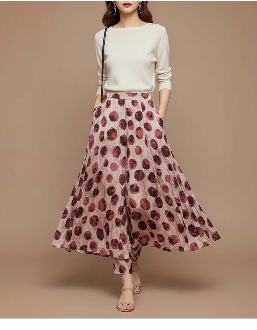 Pantalon Jupe Fluide Imprimé Pois Rouge Chic - Viscose