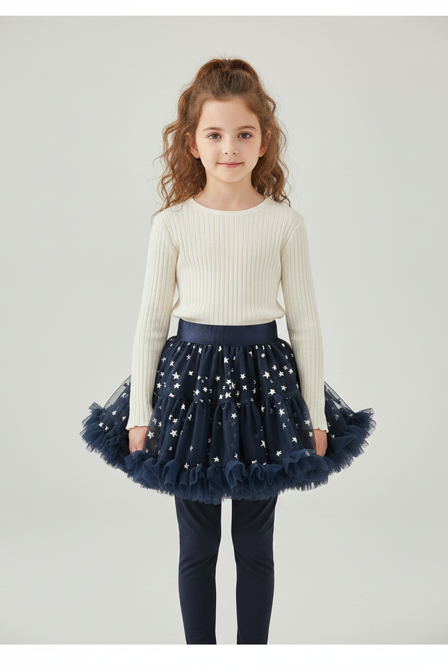 Pantalon Jupe Bleu Marine Étoiles Tulle Intégré Fille - Maille