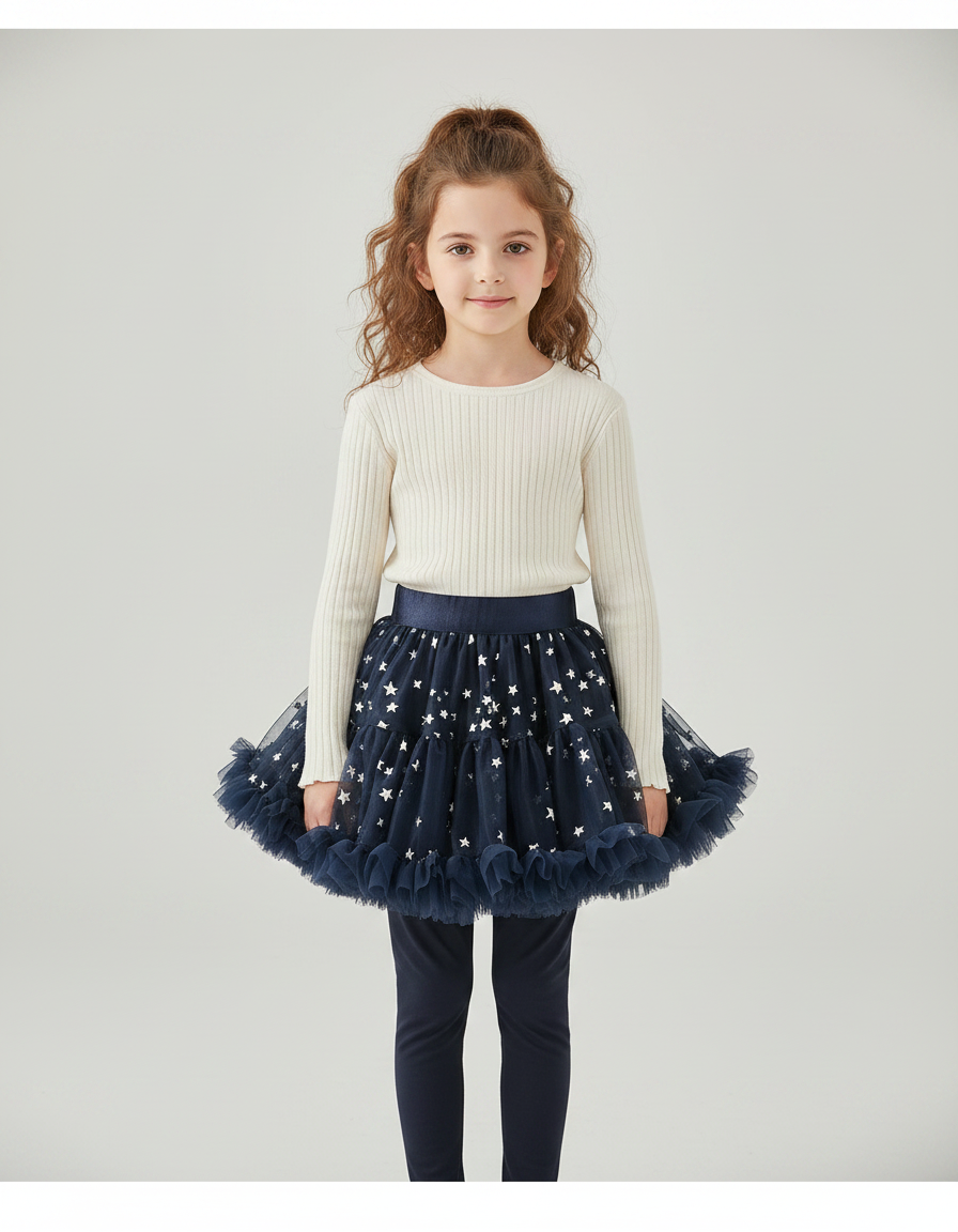 Pantalon Jupe Bleu Marine Étoiles Tulle Intégré Fille - Maille