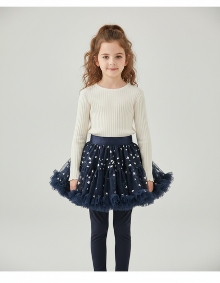 Pantalon Jupe Bleu Marine Étoiles Tulle Intégré Fille - Maille