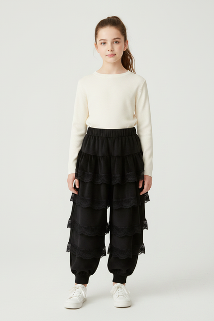 Pantalon Jupe Noir Volants Dentelle Ample Confortable - Viscose
