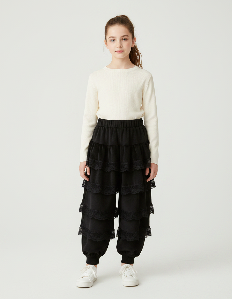 Pantalon Jupe Noir Volants Dentelle Ample Confortable - Viscose