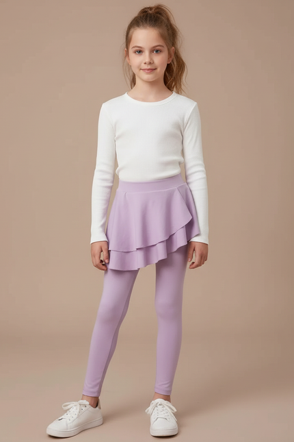 Pantalon Jupe Mauve Superposé Volants Fille Confortable - Violet Maille