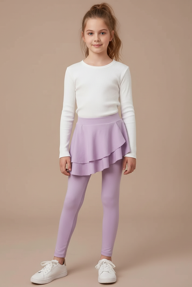 Pantalon Jupe Mauve Superposé Volants Fille Confortable - Violet Maille
