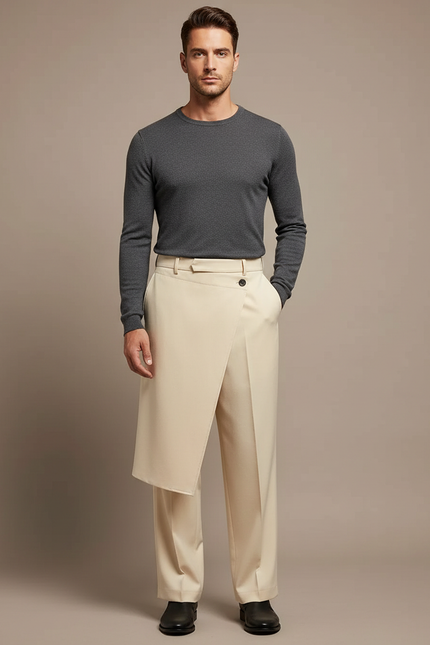 Pantalon Jupe Beige Asymétrique Droit Élégant Homme - Gabardine