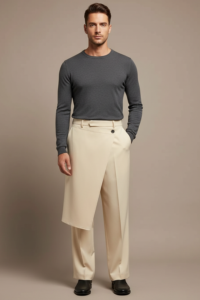 Pantalon Jupe Beige Asymétrique Droit Élégant Homme - Gabardine