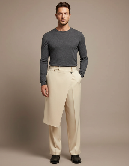 Pantalon Jupe Beige Asymétrique Droit Élégant Homme - Gabardine