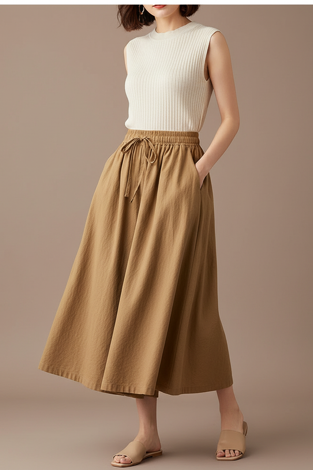 Pantalon Jupe Marron Coton Lin Ample Fluide Décontracté
