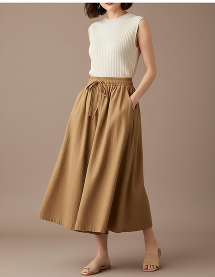 Pantalon Jupe Marron Coton Lin Ample Fluide Décontracté