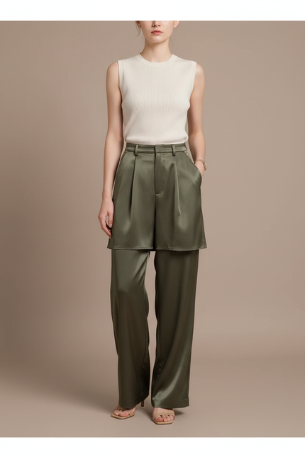 Pantalon Jupe Kaki Satiné Fluide Ample Élégant