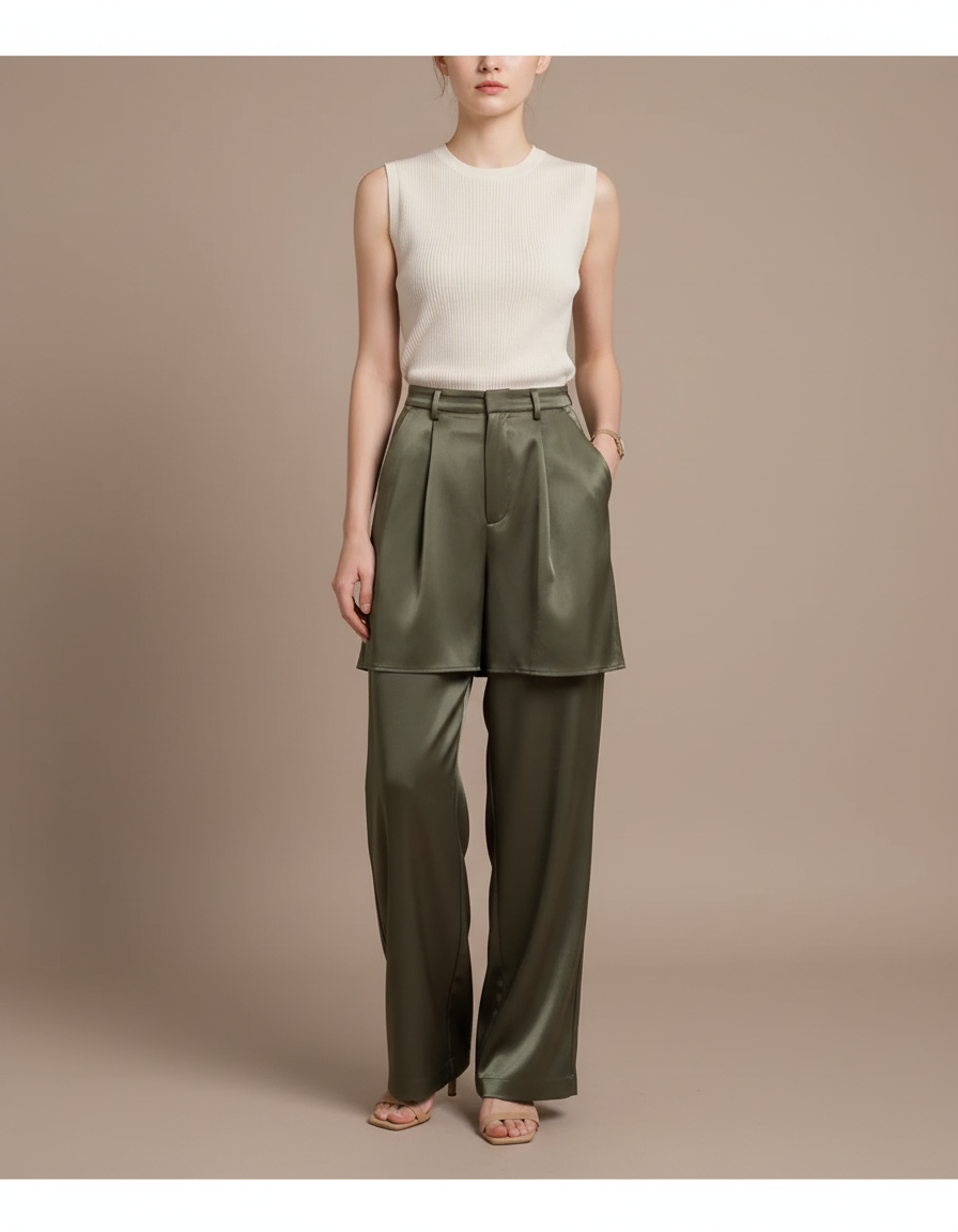 Pantalon Jupe Kaki Satiné Fluide Ample Élégant