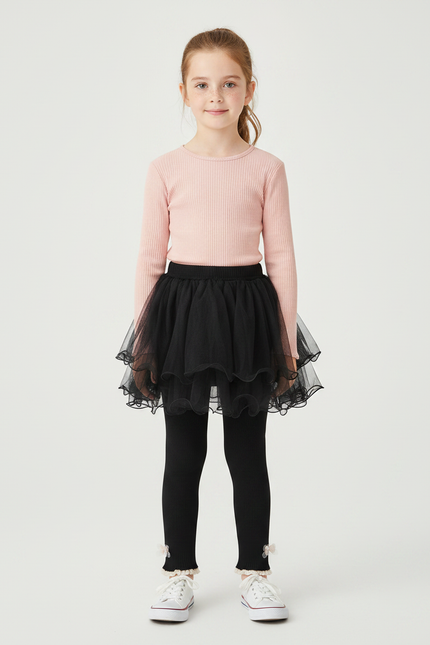 Pantalon Jupe Noir Tulle Superposé Confortable Fille - Maille