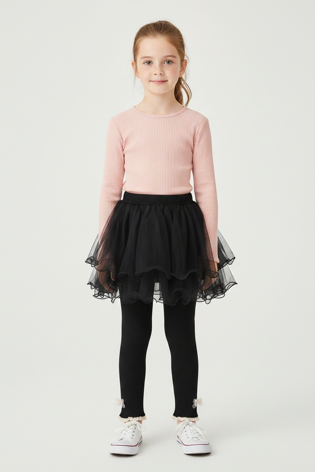 Pantalon Jupe Noir Tulle Superposé Confortable Fille - Maille