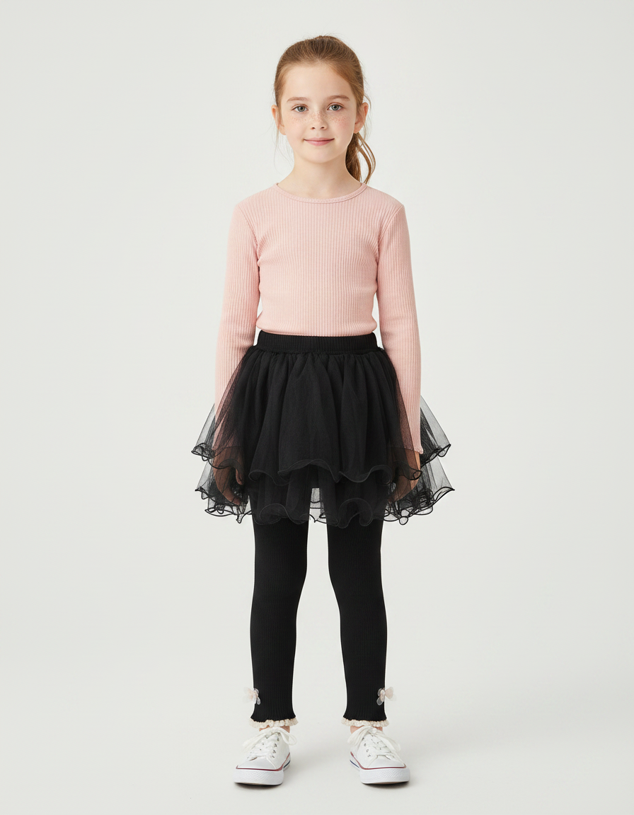 Pantalon Jupe Noir Tulle Superposé Confortable Fille - Maille