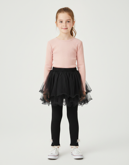 Pantalon Jupe Noir Tulle Superposé Confortable Fille - Maille