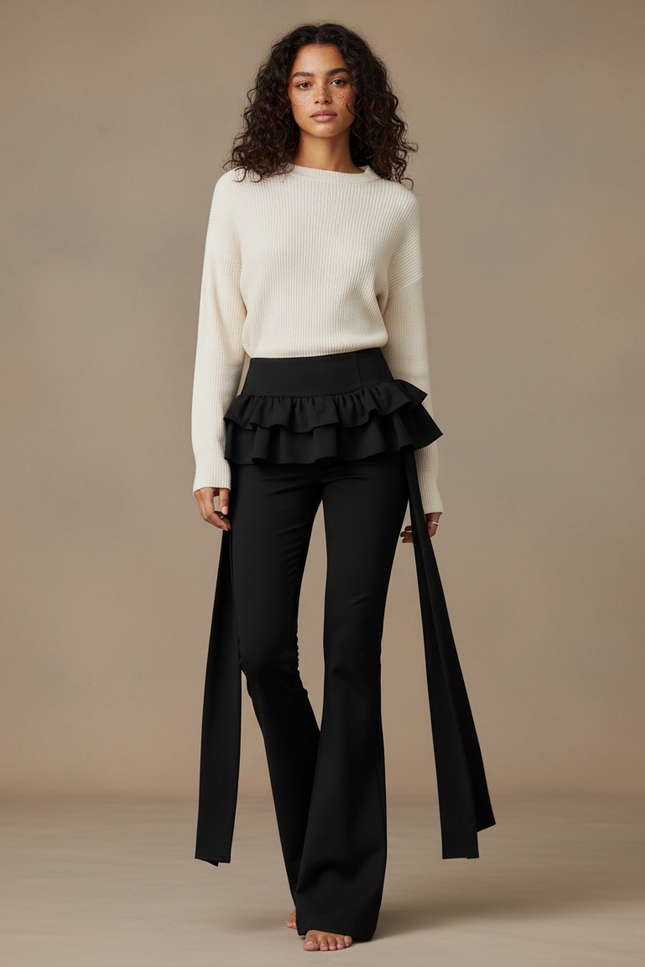 Pantalon Jupe Noir Volants Évasé Élégant Long - Polyester