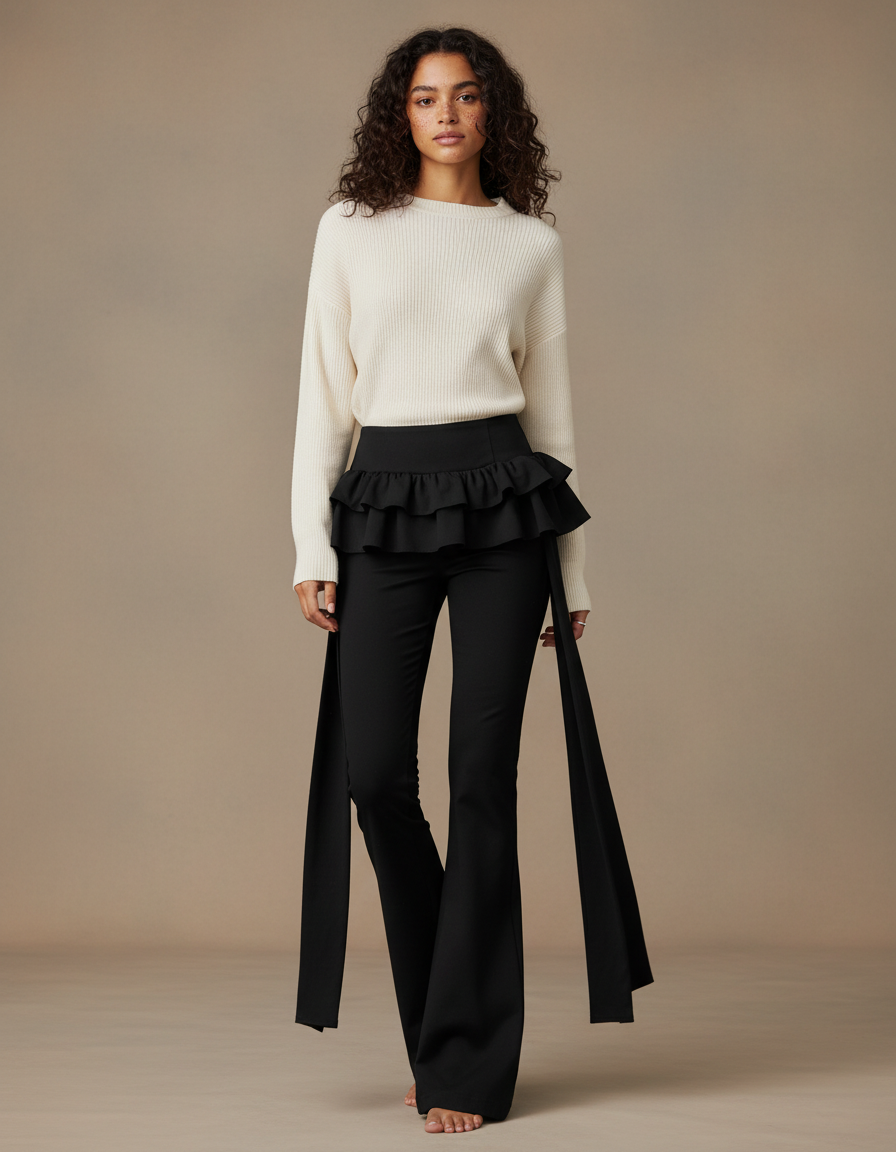 Pantalon Jupe Noir Volants Évasé Élégant Long - Polyester