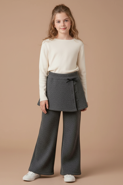 Pantalon Jupe Gris Superposé Ample Molletonné Fille