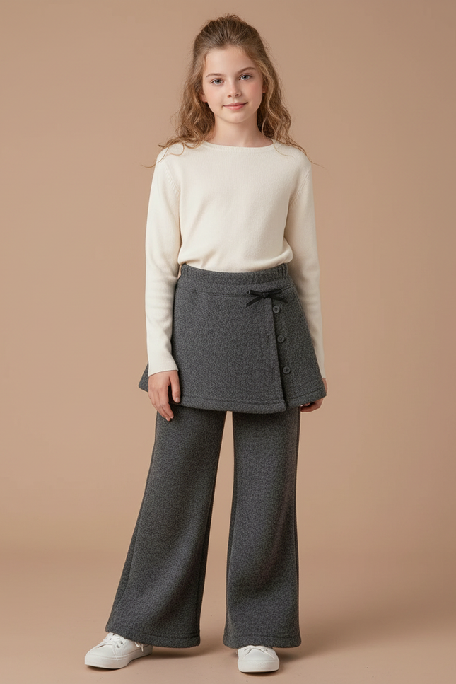 Pantalon Jupe Gris Superposé Ample Molletonné Fille