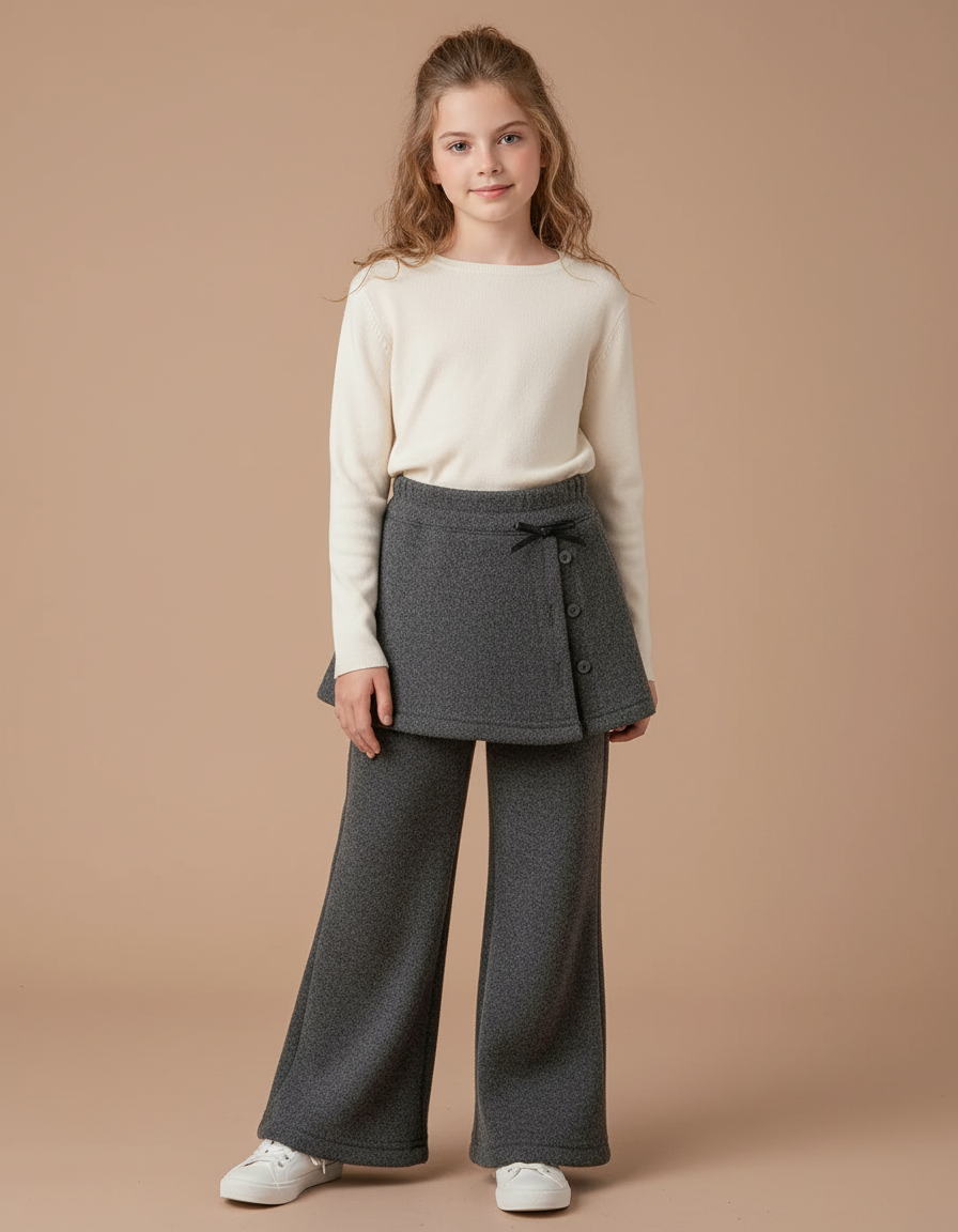 Pantalon Jupe Gris Superposé Ample Molletonné Fille