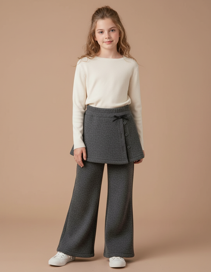 Pantalon Jupe Gris Superposé Ample Molletonné Fille