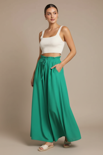 Pantalon Jupe Vert Émeraude Ample Fluide Taille Haute - Viscose
