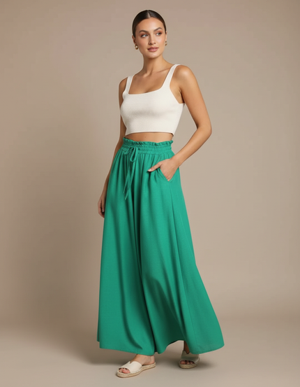Pantalon Jupe Vert Émeraude Ample Fluide Taille Haute - Viscose