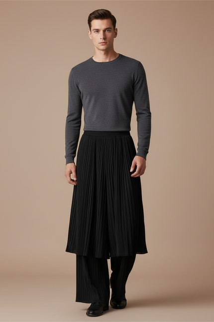 Pantalon Jupe Noir Plissé Superposé Ample Élégant - Polyester