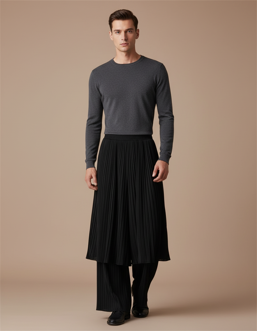 Pantalon Jupe Noir Plissé Superposé Ample Élégant - Polyester