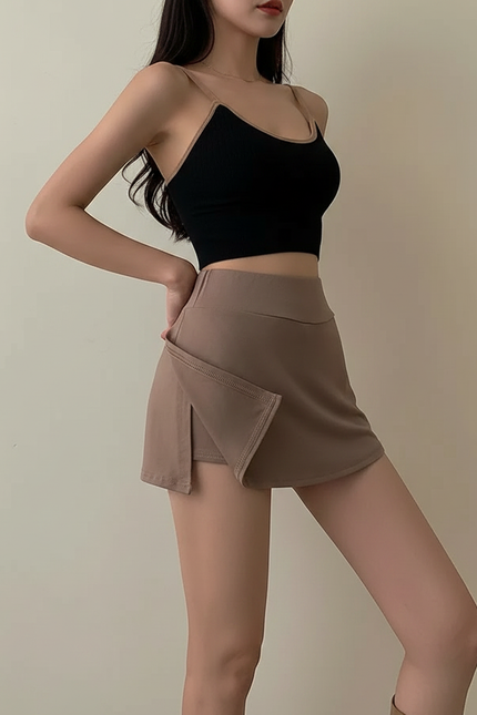 Pantalon Jupe Marron Fendu Taille Haute Sport - Polyester