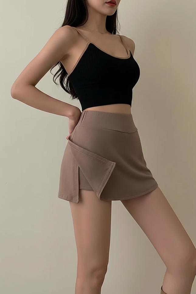 Pantalon Jupe Marron Fendu Taille Haute Sport - Polyester