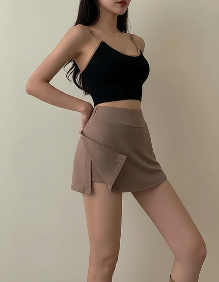 Pantalon Jupe Marron Fendu Taille Haute Sport - Polyester